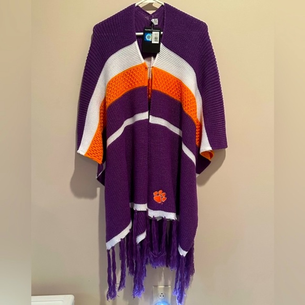 Clemson Sweater Poncho With Gold Safety Pin For Closure And Fringes NWT , OSFM